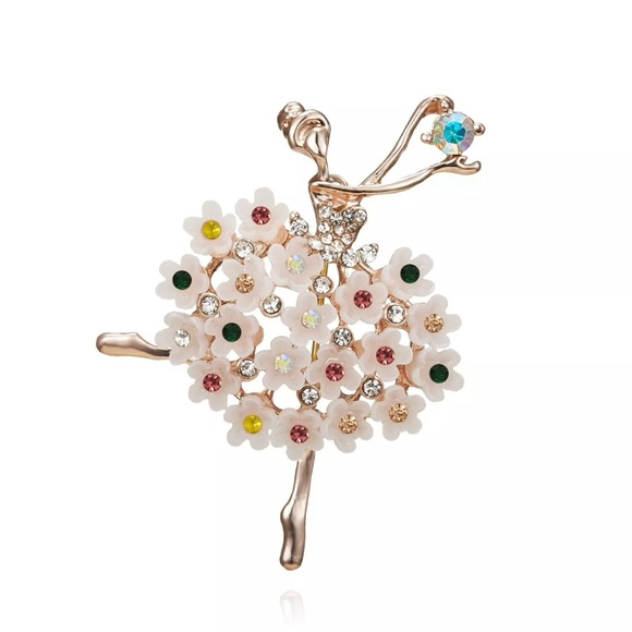 Ballerina Multi Color Crystal, White Acrylic Flowers, & Gold Alloy Dance Brooch - Picture 3 of 5